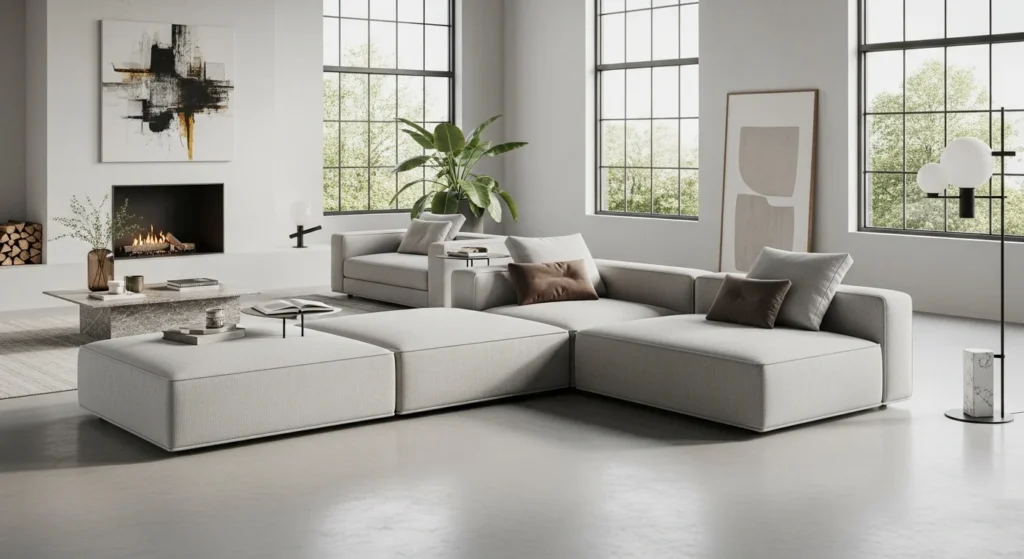 ackless modular minimalist sofa in open-plan living area
