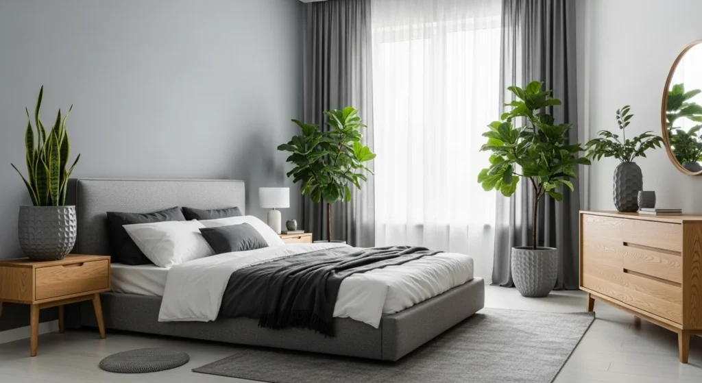 Gray bedroom styled with indoor plants and natural textures