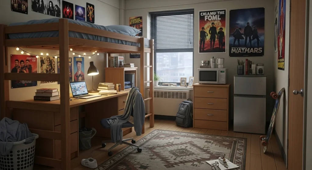 Dorm room with lofted bed creating extra space underneath for desk or storage