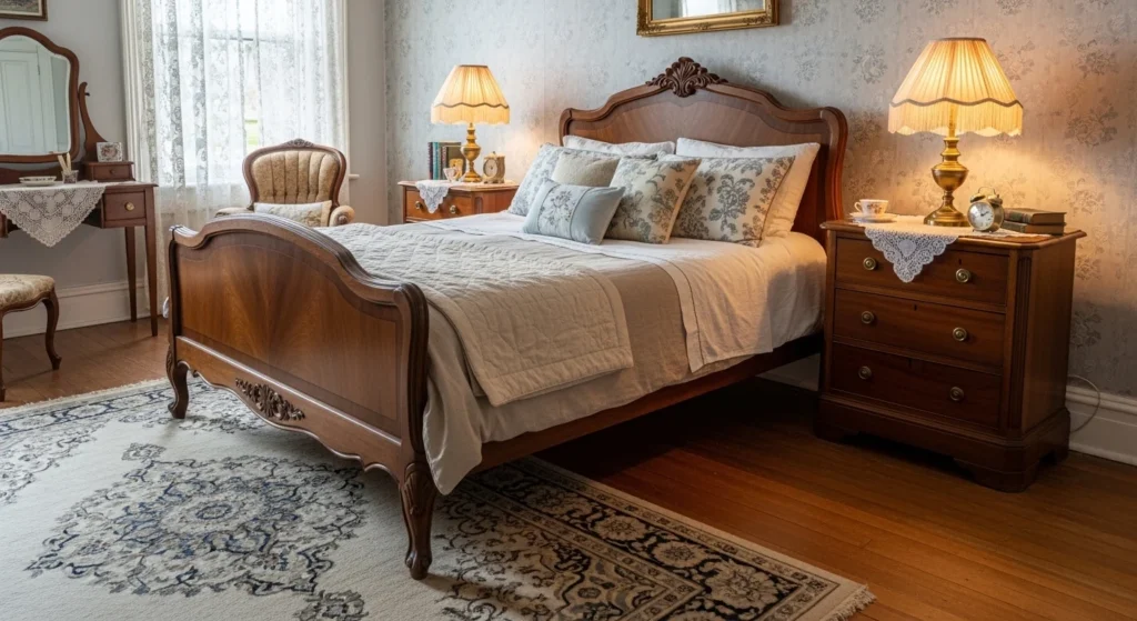 Vintage bedroom with matching wooden nightstands and brass lamps