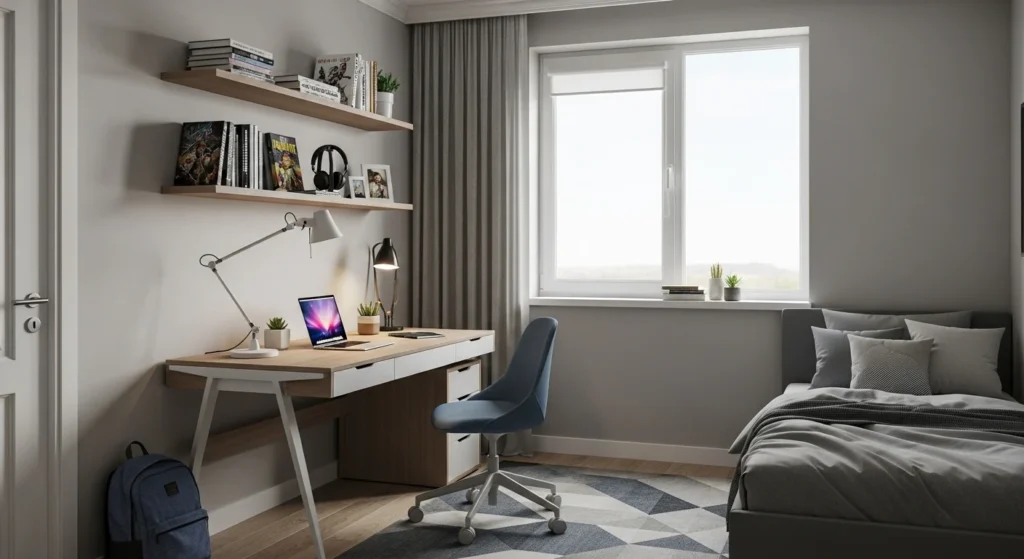 Teen bedroom with ergonomic desk and organized study area