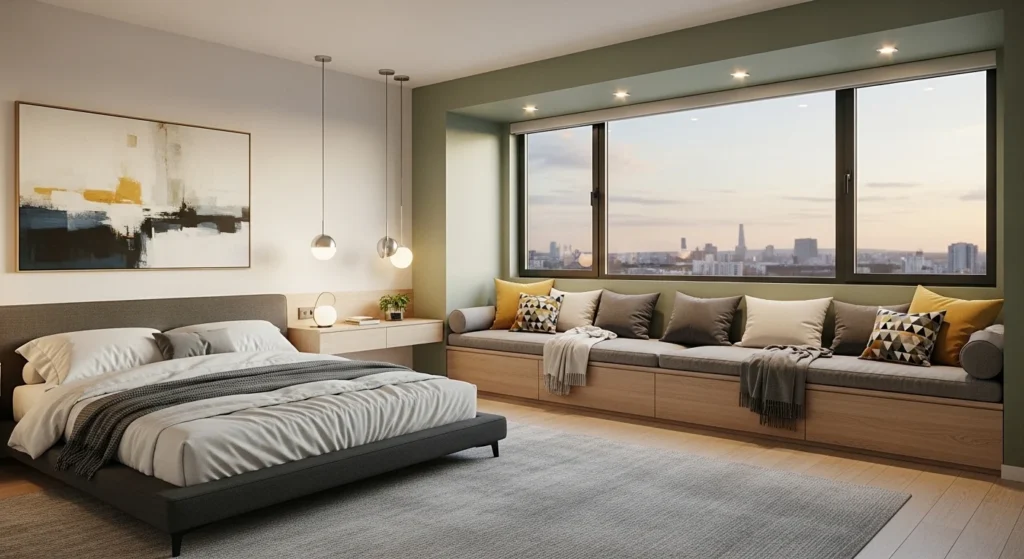 Bedroom with built-in window seating and soft cushions