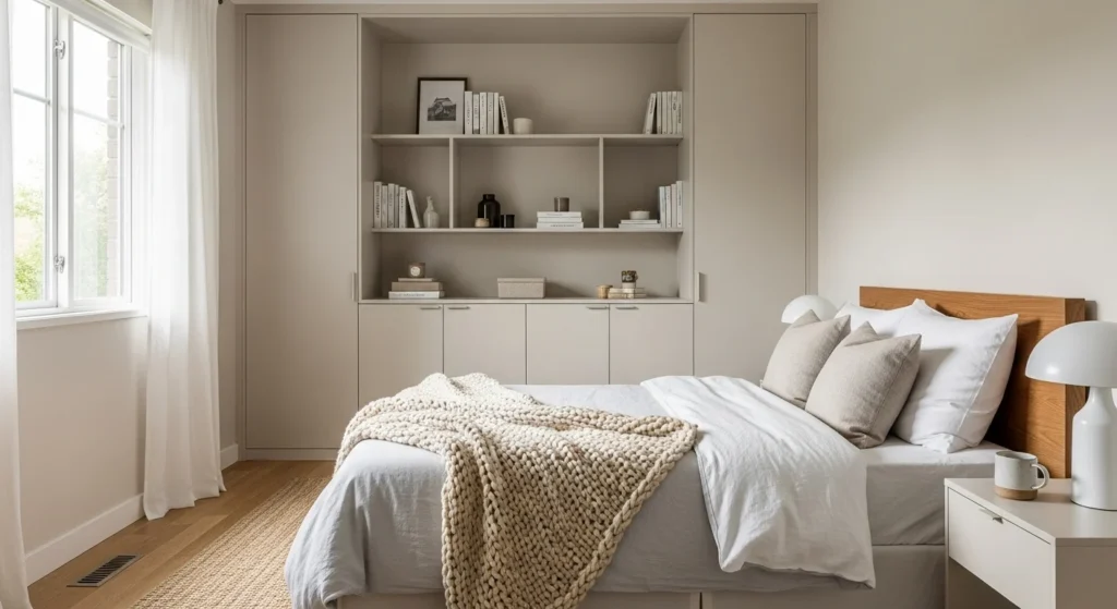 Cozy bedroom with built-in storage cabinets, clean layout, and calming neutral tones