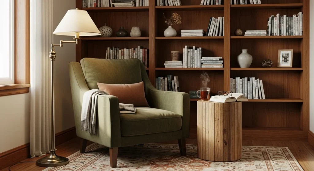 Living room with terracotta and olive accent cushions and throws