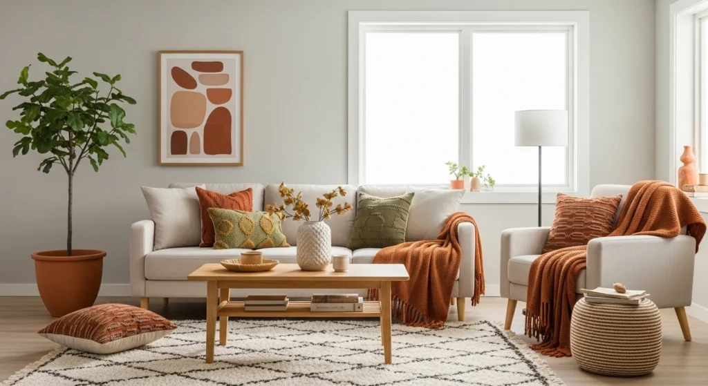Living room with terracotta and olive accent cushions and throws