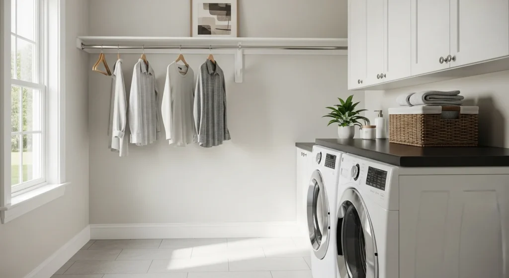 Bright laundry room with built-in hanging rod for air drying clothes