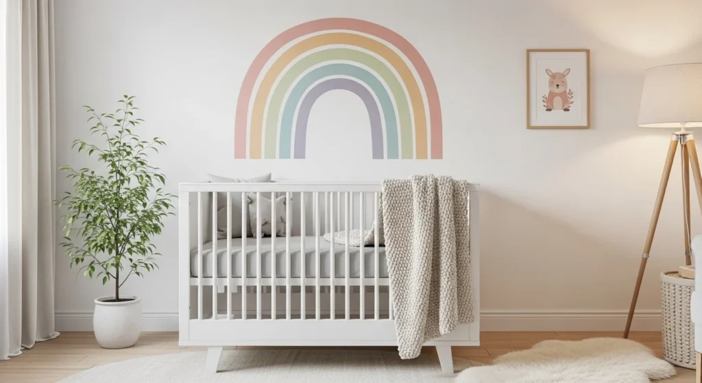 Nursery featuring pastel rainbow wall art and neutral decor
