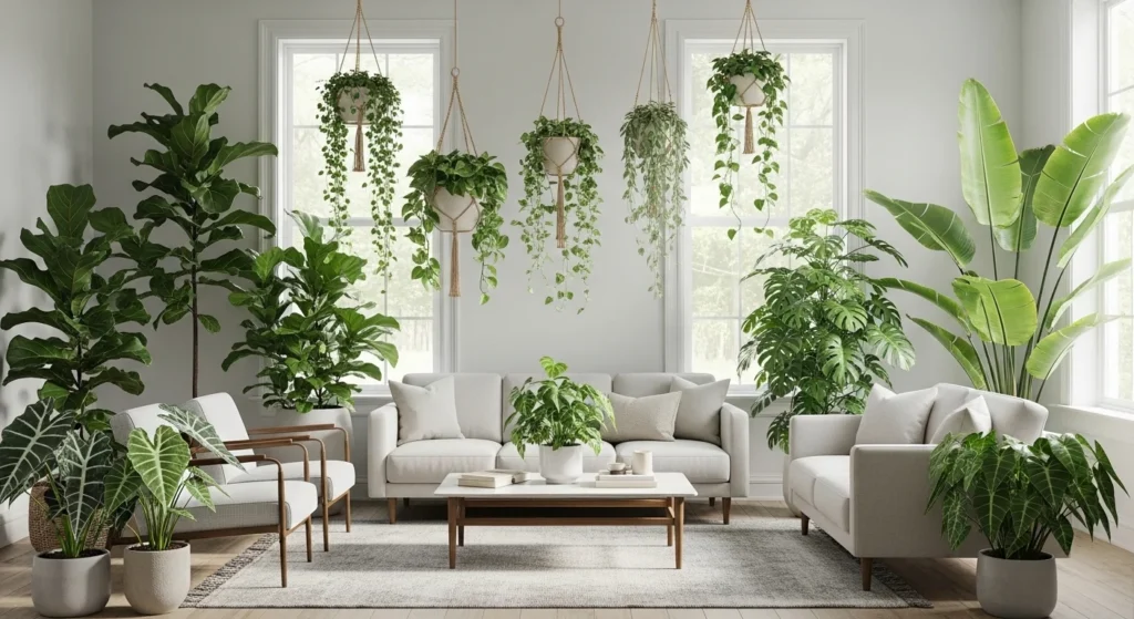 Modern parlor featuring indoor plants, leafy greenery, hanging planters, and neutral furniture