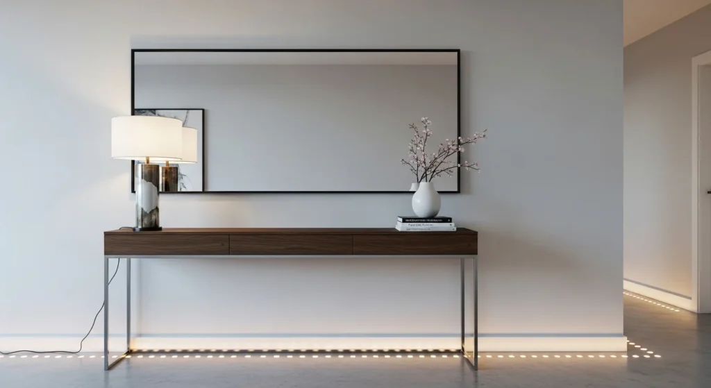 Hallway decorated with slim console table, mirror and lamp decor