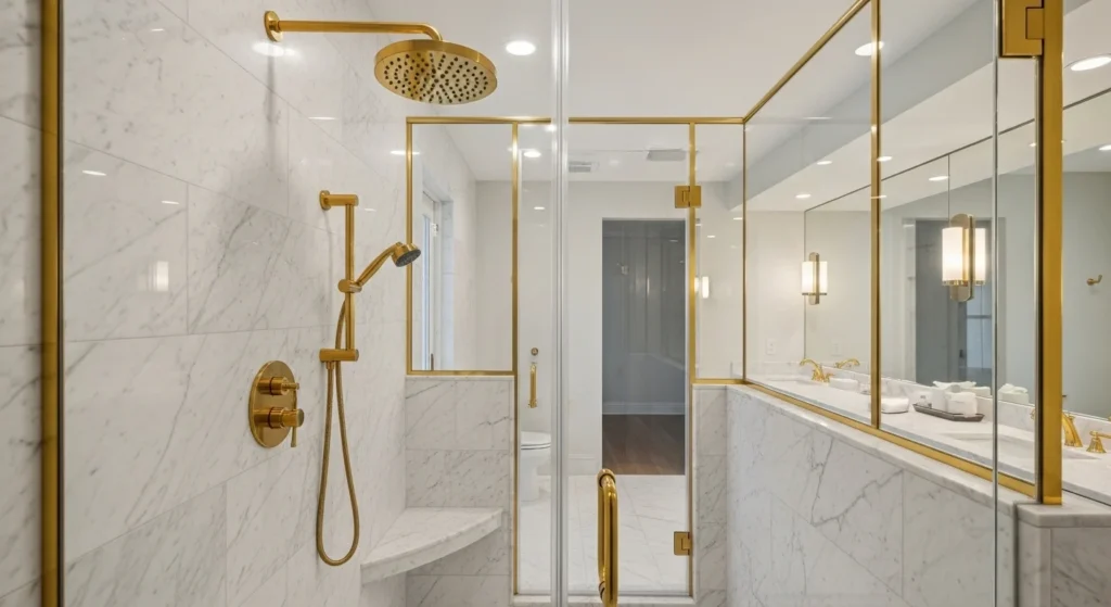 High-end shower with marble tiles, gold fixtures, and glass enclosure