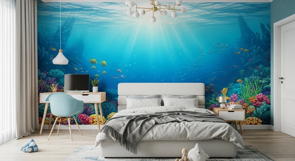 underwater inspired kids room with sea life decor and blue tones