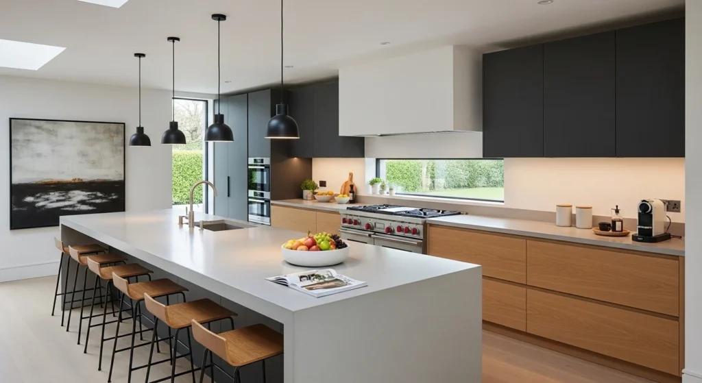 Modern open kitchen with breakfast counter and casual seating area