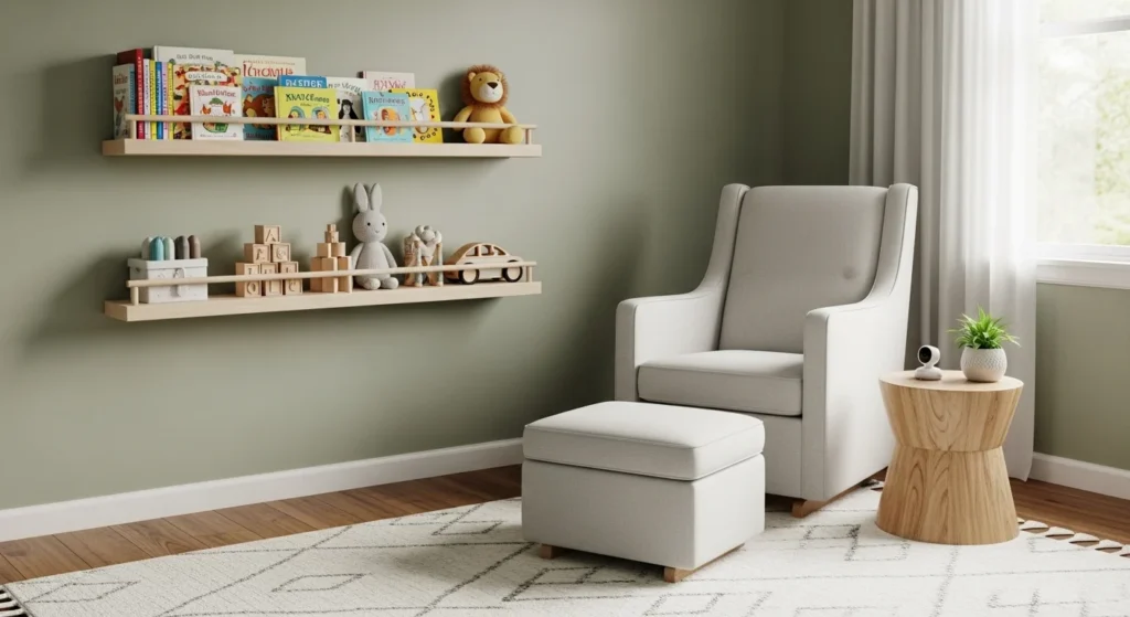 Nursery with floating wall shelves, toys and books organized, modern cozy 2026 interior