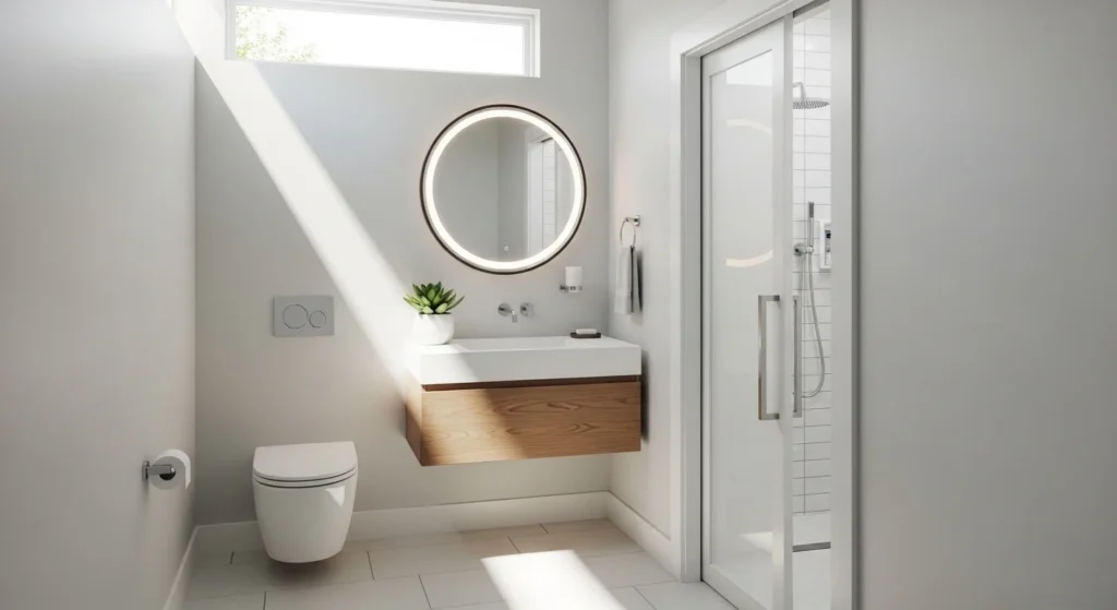 Small bathroom with pocket sliding door, space-saving modern 2026 interior