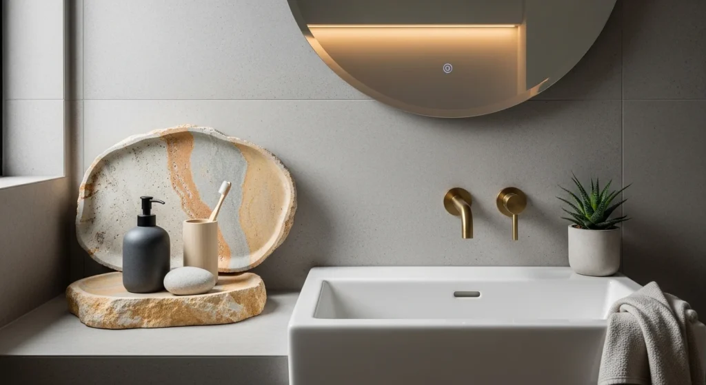 Bathroom sink decorated with natural stone tray and organic accessories