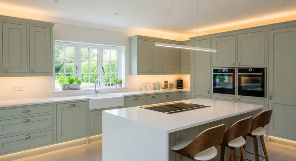 Soft pistachio green cabinets creating fresh calm modern kitchen interior