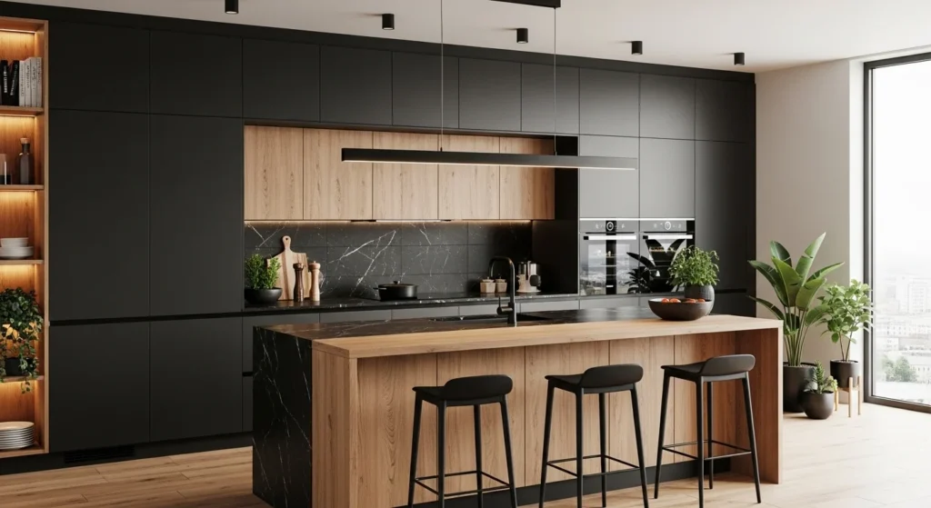 Contemporary kitchen combining black cabinets with natural wood textures