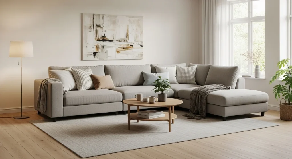 Modern Nordic living room featuring modular sofa seating arrangement
