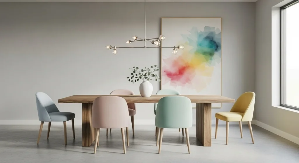 Dining room styled with soft color accents over a neutral base for a refreshed modern look