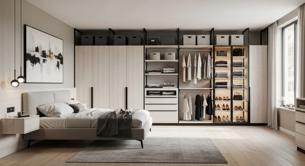 Bedroom with modular wardrobe system offering customizable and organized storage