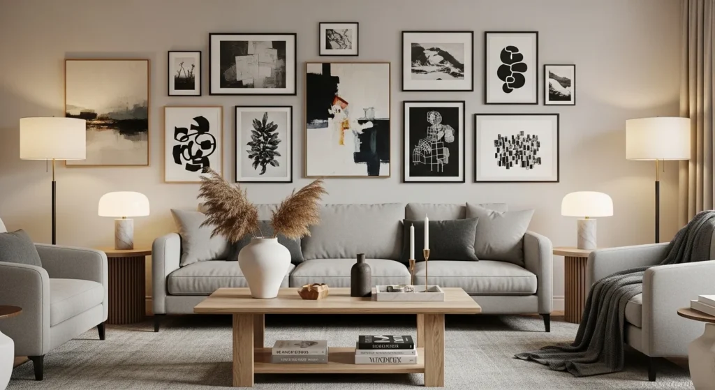 Modern living room featuring gallery wall art with neutral furniture and cozy lighting, 2026 design trend