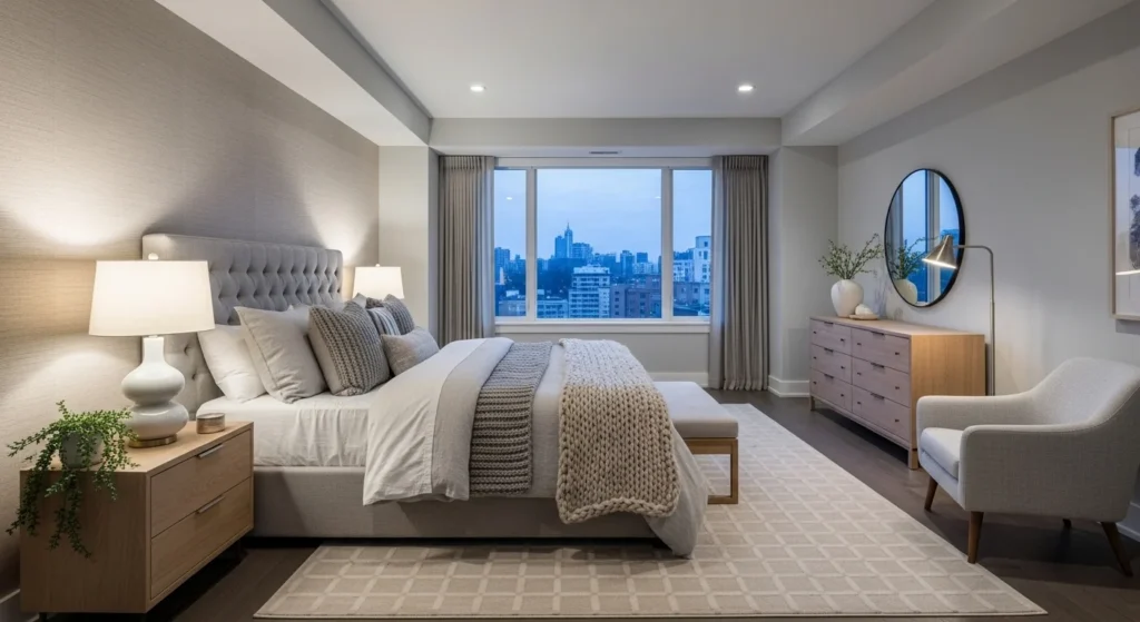 Grey and beige bedroom with soft neutral tones and cozy 2026 interior design