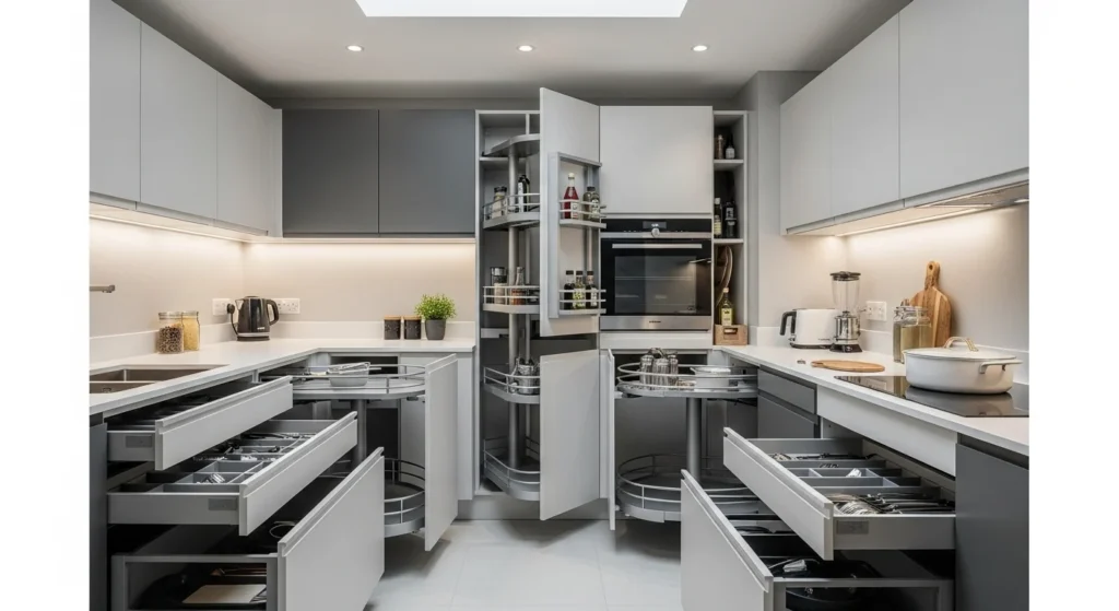 Small modern kitchen with pull-out drawers, rotating corner cabinets, and vertical storage for organized 2026 layout