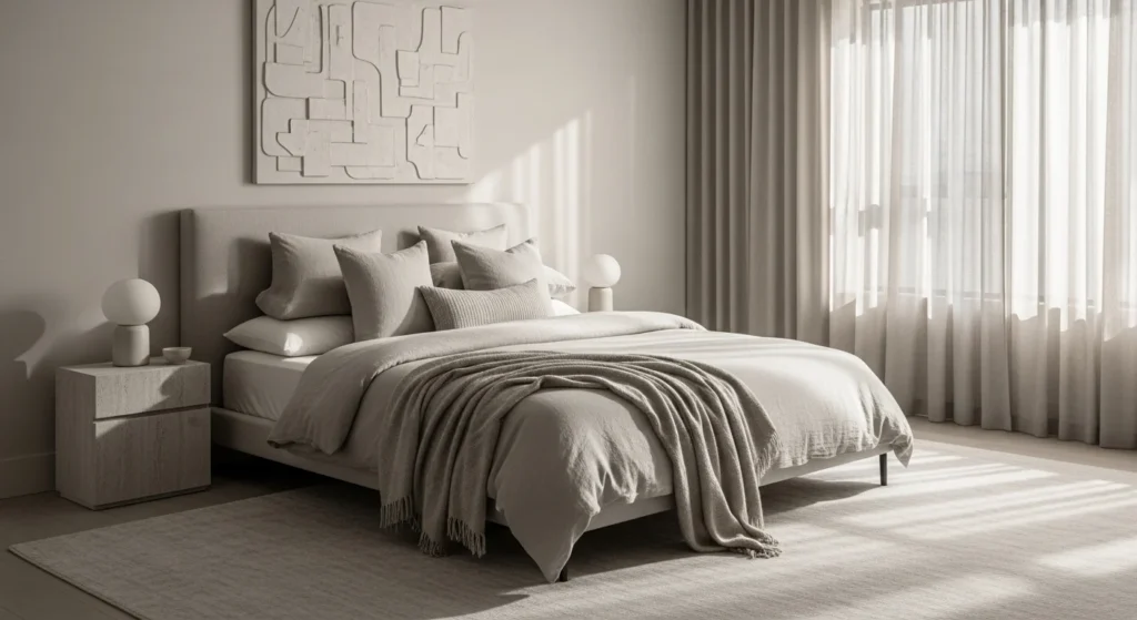 Modern master bedroom using hanging pendant lights as a stylish focal point