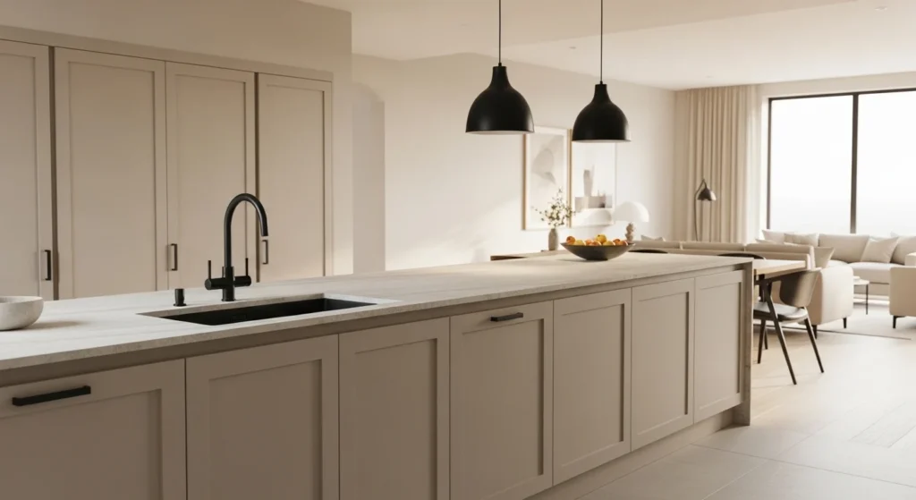 Neutral kitchen styled with matte black faucet and modern lighting accents