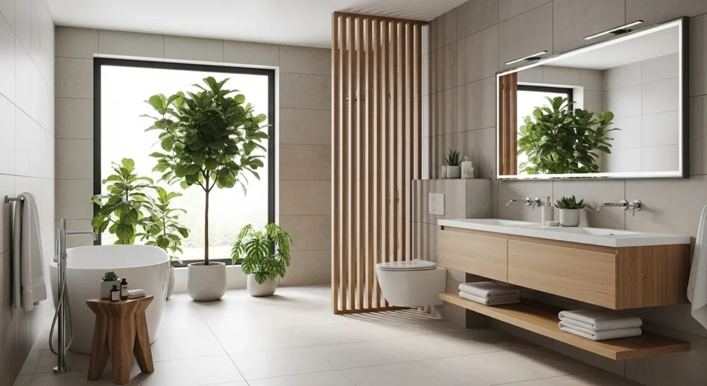 modern bathroom decorated with indoor plants creating fresh natural atmosphere