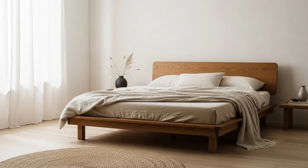 Japandi inspired neutral bedroom combining Scandinavian warmth and Japanese minimalism.