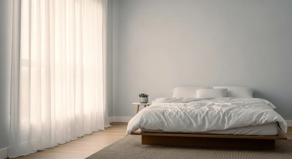 Minimalist bedroom with soft sheer curtains filtering daylight and creating a calm mood