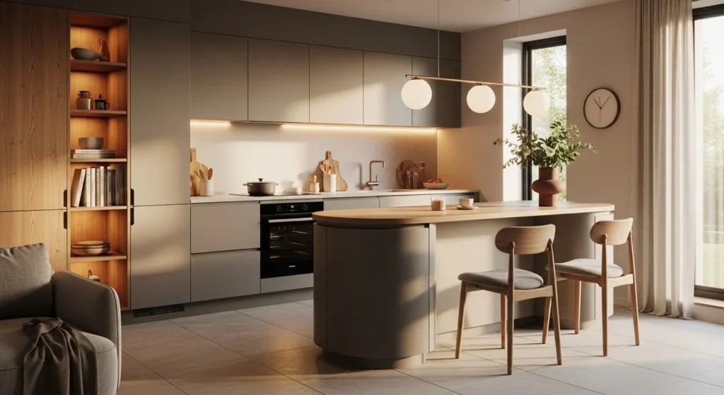 Modern cozy kitchen with curved island and soft organic shapes