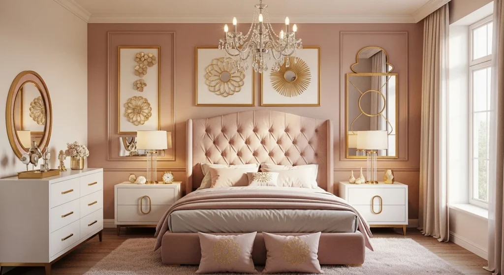 elegant girls bedroom with gold decor accents and modern feminine styling