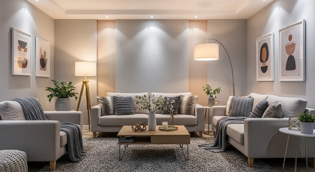 Modern living room combining gray and beige tones for a warm atmosphere.