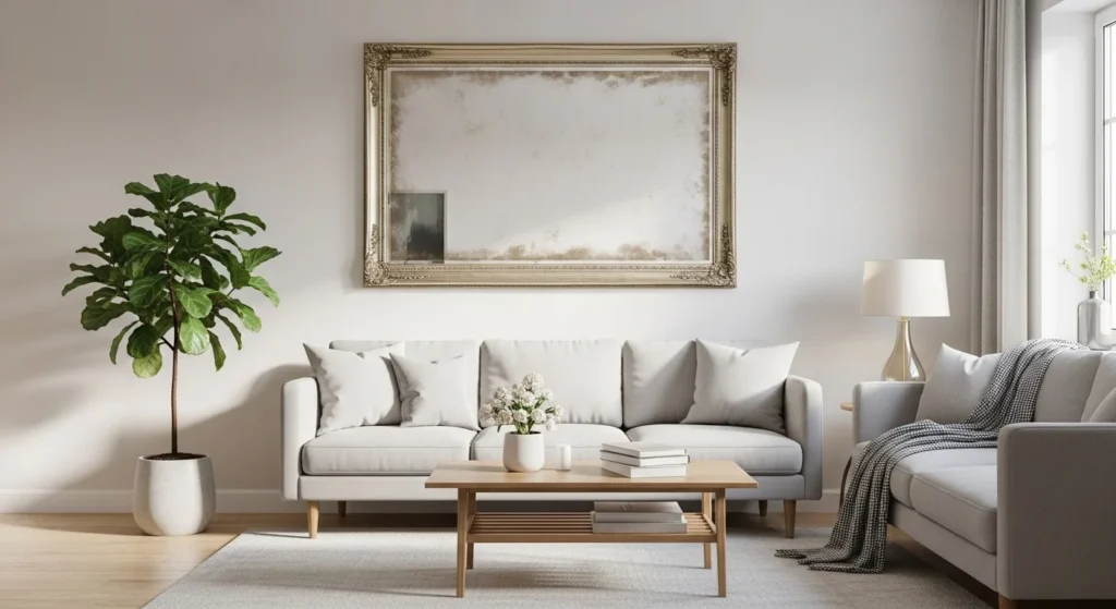 Apartment living room using large mirror to create spacious visual effect