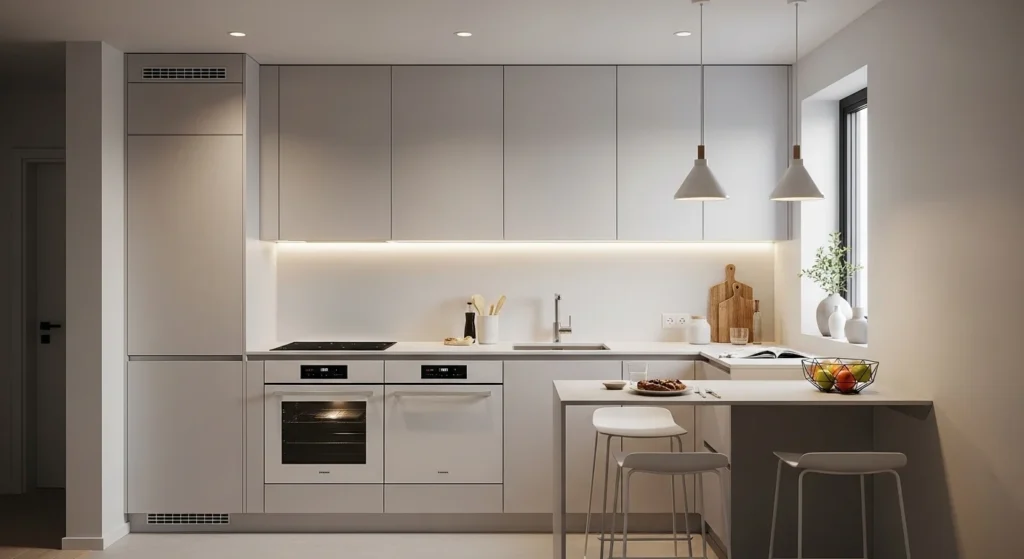 Compact kitchen with full-height cabinets increasing storage and visual height