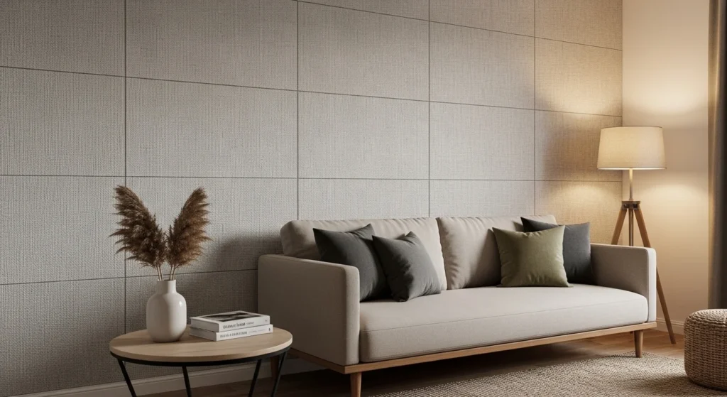 Small living room with a textured statement wall creating depth and visual interest