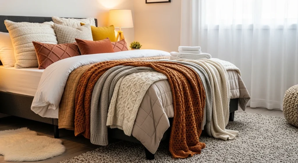 Guest bedroom styled with layered blankets cushions and warm textures
