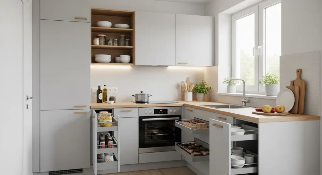 Compact modern kitchen with smart storage and bright layout for small homes.