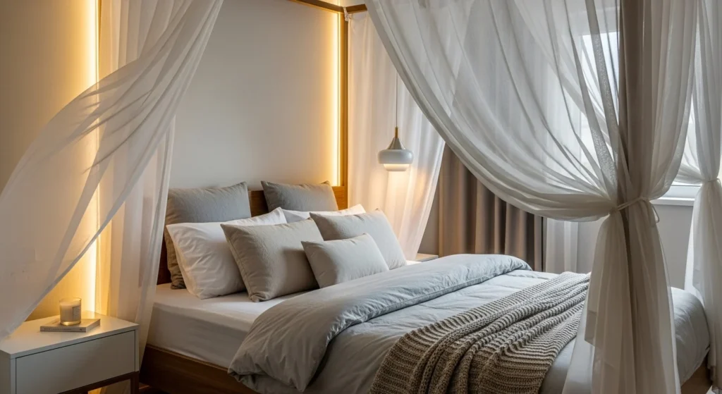 le: Cozy Canopy Bed Bedroom Design
Alt Text: Elegant cozy bedroom featuring canopy bed with soft flowing fabric drapes