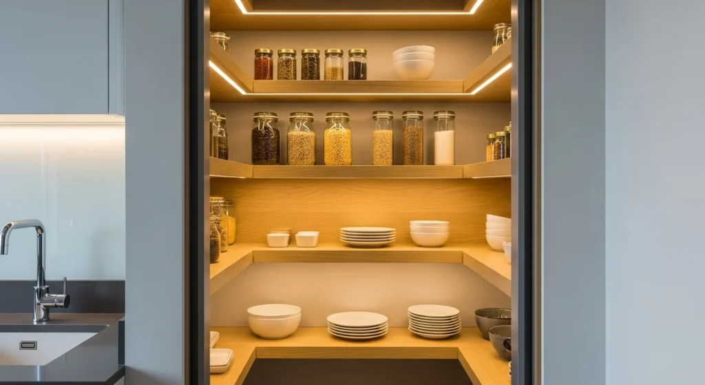 Small pantry with integrated LED lighting making shelves bright and easy to access