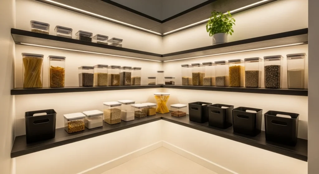 Pantry shelves enhanced with LED lighting for modern kitchen storage