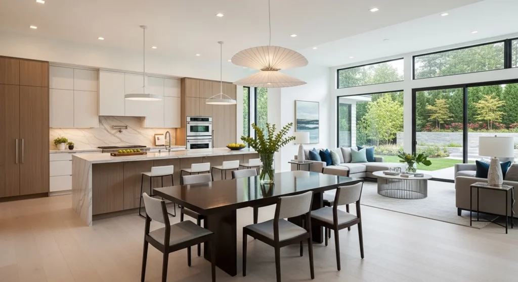 Open concept kitchen living room connected through a central dining area