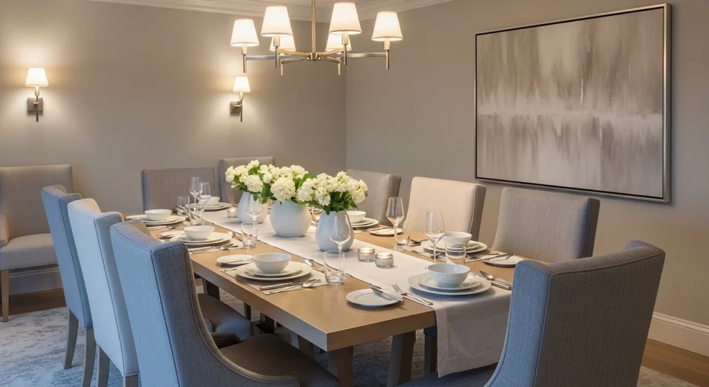 Elegant dining room with upholstered chairs and warm ambient lighting