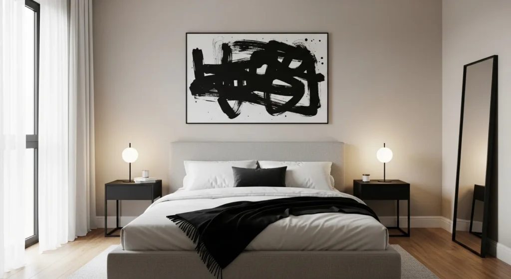 Minimalist bedroom with neutral palette enhanced by modern black accents