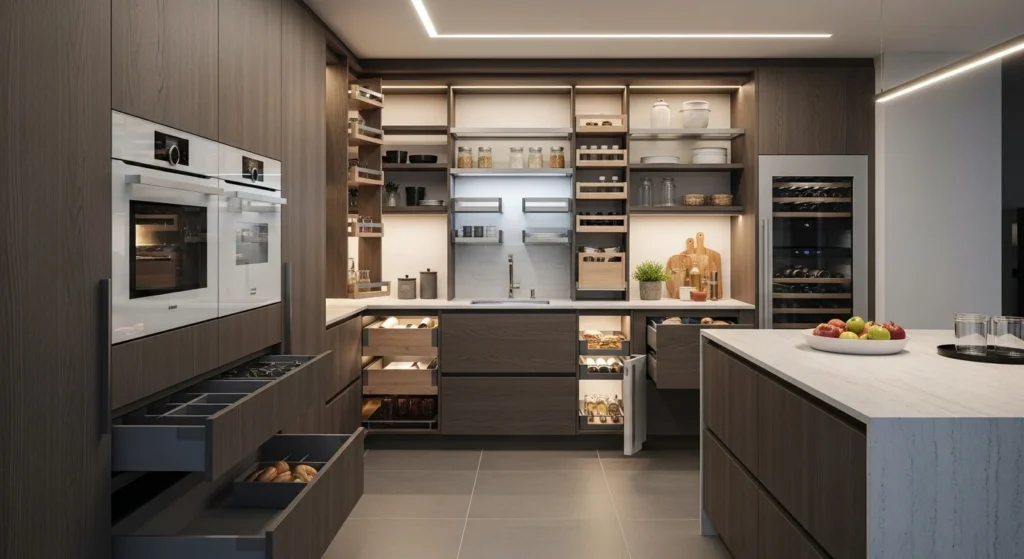 pantry with hidden appliances and organized cabinetry for clutter-free kitchen