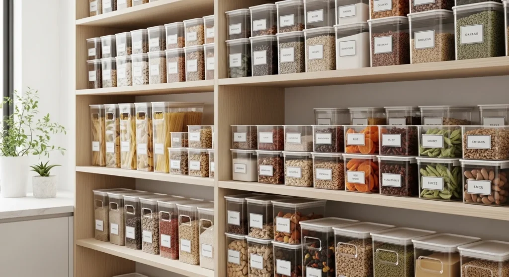 Pantry shelves using clear bins to organize small kitchen food items.