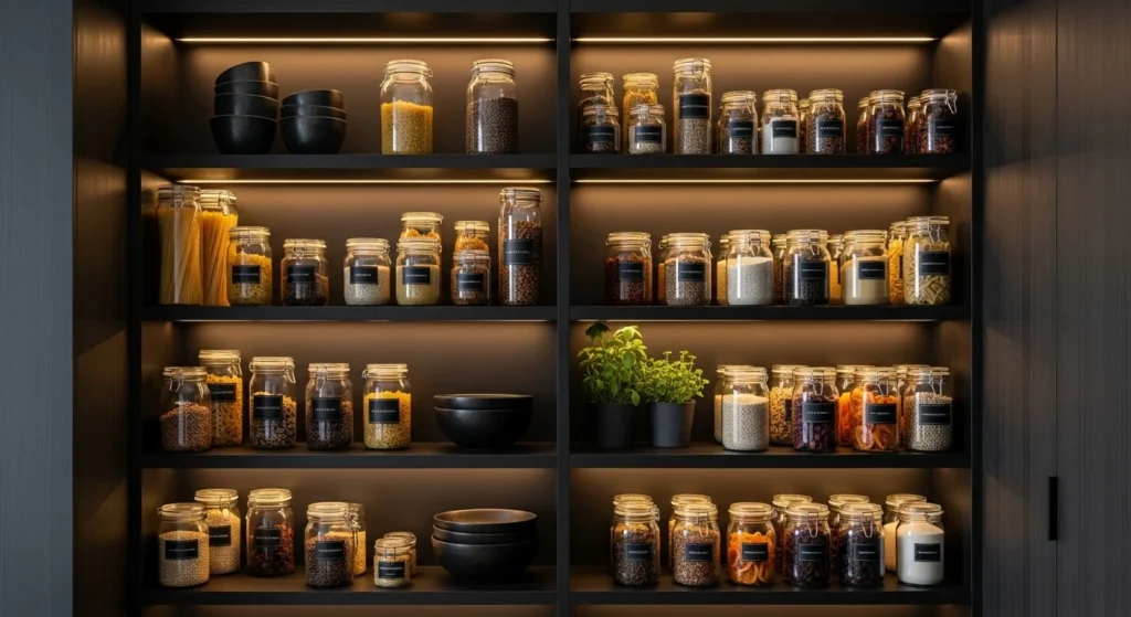 Luxury dark-toned pantry with warm lighting and organized storage shelves