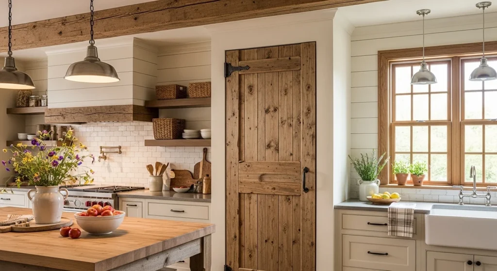 Farmhouse-style rustic wood door concealing a hidden pantry in a warm modern kitchen.